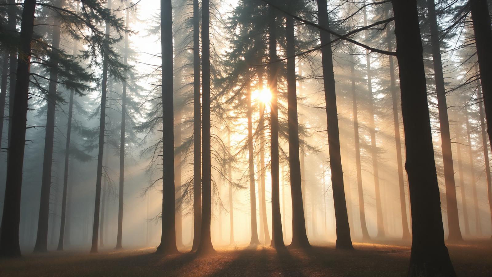 Soft light streaming through tall trees